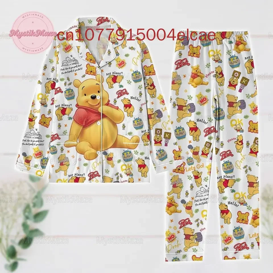 New Winnie The bear Christmas Pajamas Set Disney Casual Men's and Women's Long Sleeve Shirt Pajama Set