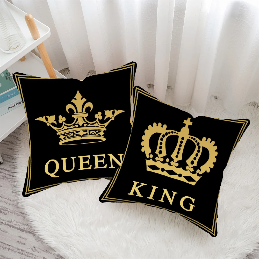 Black And Gold King And Queen Letter Square Home Office Decoration Pillowcase Pillow Cushion Soft And Non-Fading