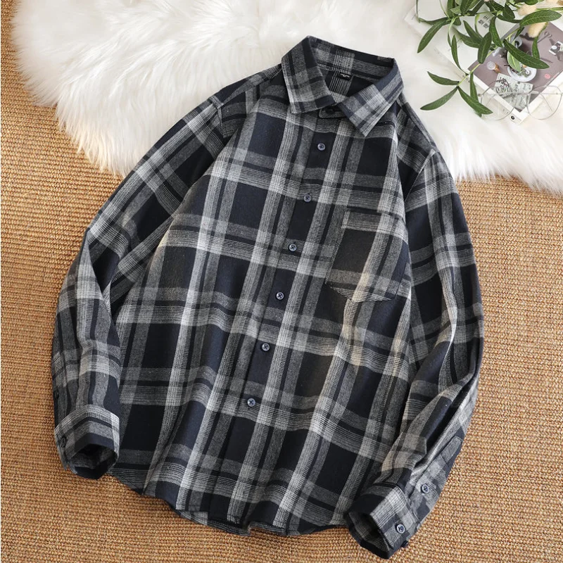 Vintage Red Plaid Shirts Mens Korean Polo Neck Loose Casual Tops Men Hot Selling Outwear Up Long Sleeve Chemise Homme Streetwear