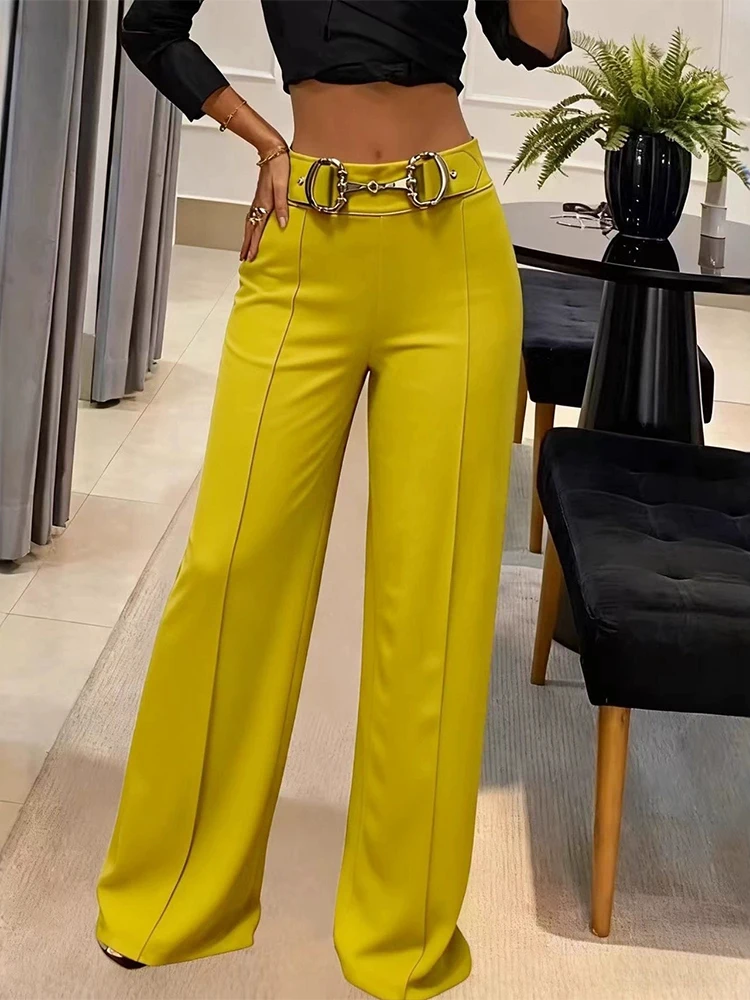 عارضة الشارع واسعة Legger السراويل الصلبة أنيقة عالية الخصر مشبك معدني السراويل الطويلة المرأة أزياء التنقل السراويل المستقيمة #6