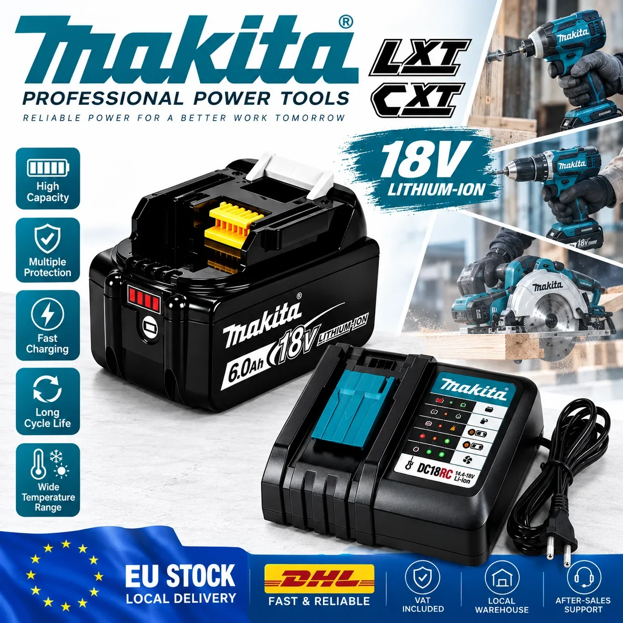 Batteria 18V 6.0Ah per utensili elettrici Makita BL1860B LXT, batteria di ricambio ricaricabile agli ioni di litio da 6000 mAh per trapani, avvitatori a impulsi, seghe e smerigliatrici a batteria,