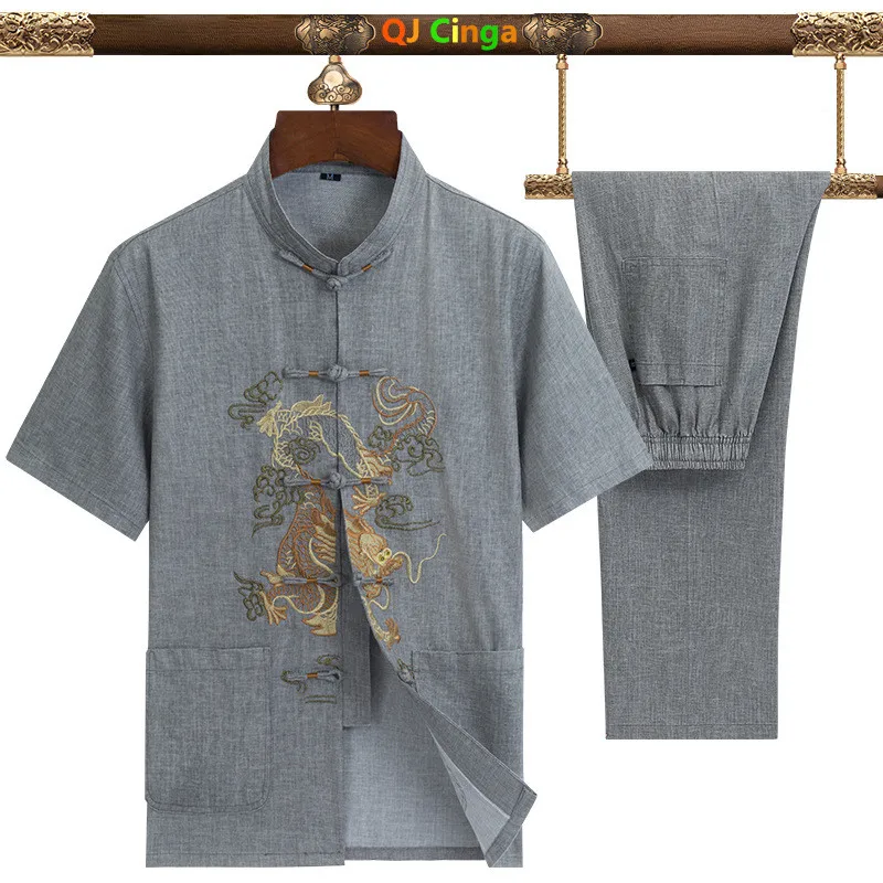 Chinese-style Men's Gray Two-piece Set: A Summer Single-breasted Stand-collar Linen Short-sleeve Shirt and Ankle-length Pants.
