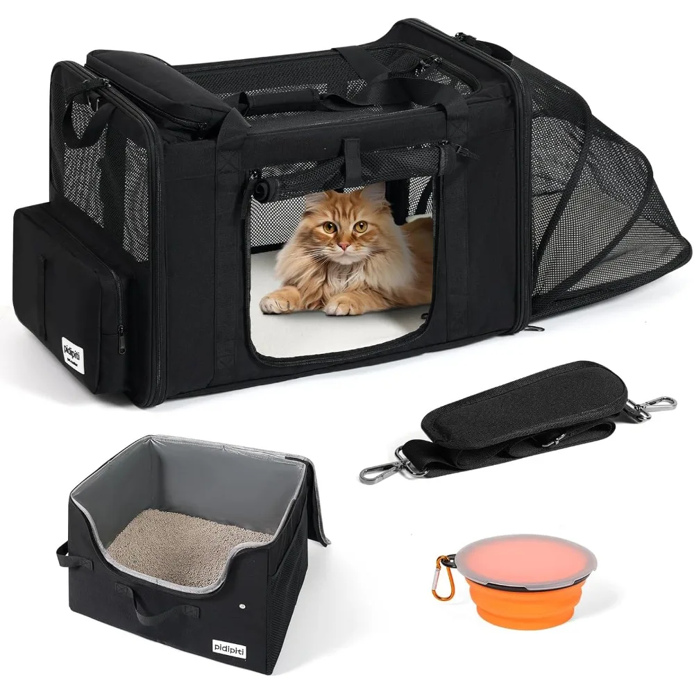 

Extra-Large Expandable Cat Carrier for Car Travel, with a Leakproof Portable Tall-Side Litter Box