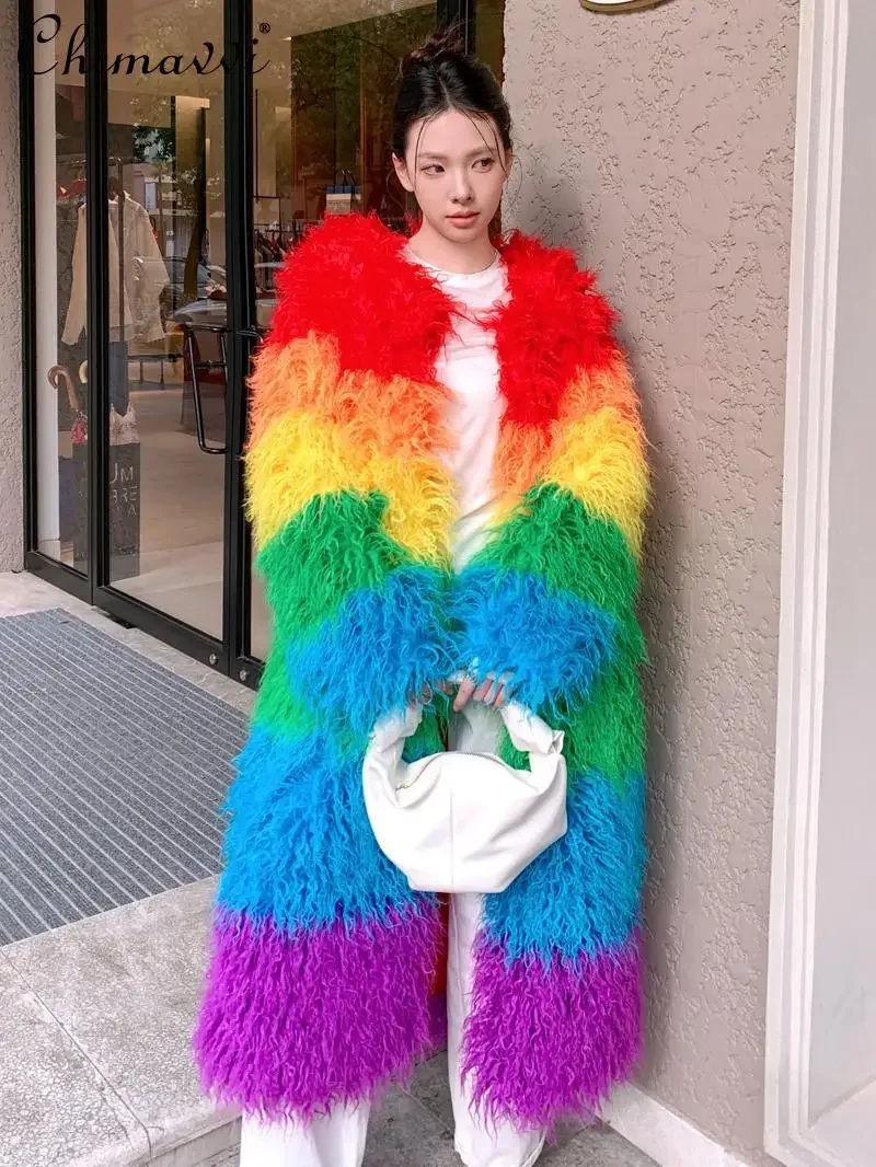 Autumn and Winter New High-end Rainbow Striped Fur Coat Fashion Imitation Mountain Wool Temperament Long-sleeved Warm Long Coats