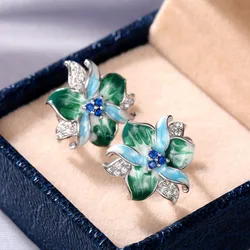 Huitan Green Blue Flower Earrings Women Inlay Sparkling Cubic Zirconia Fancy Anniversary Gift Newly Designed Flowers Ear Jewelry