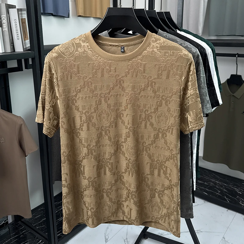 Herren Kurzarm-T-Shirts mit diskretem Jacquardmuster, Rundhalsausschnitt, lockerer Passform, knitterarm, leicht, modische Oberteile für Männer – Detail 13