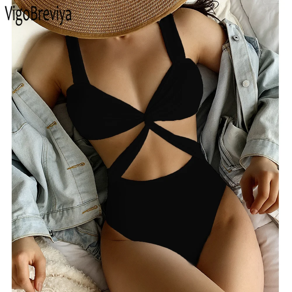 VigoBeviya 2025 Sexy Solid Strapped Swimwear Women High Waist Push Up Hollow One Piece Swimsuit Monokini Beach Bathing Suit