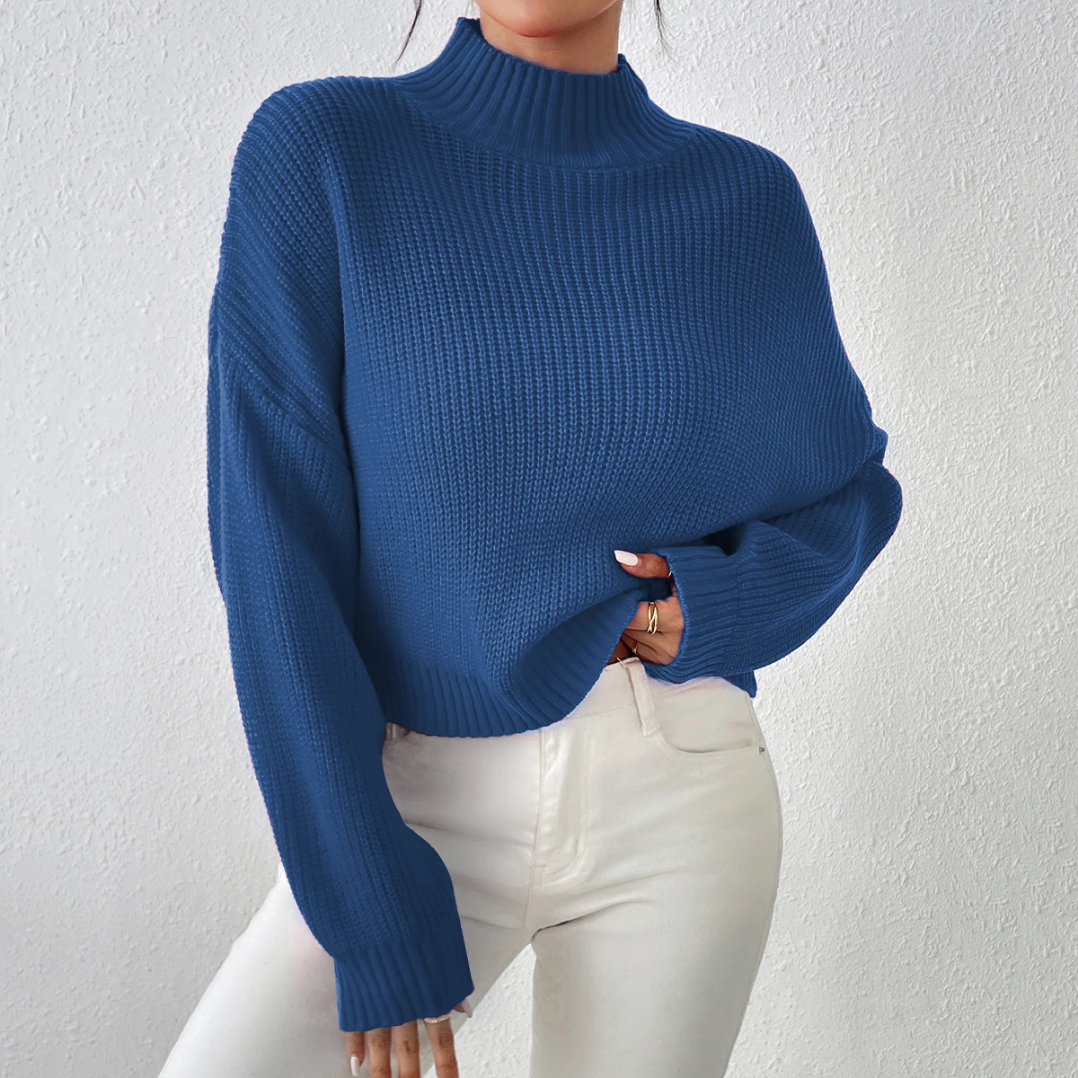 Women\'s Ribbed Knitted Sweater, Mock Neck Long Sleeve Pullover, Solid Color High Neck Drop Shoulder Jumper