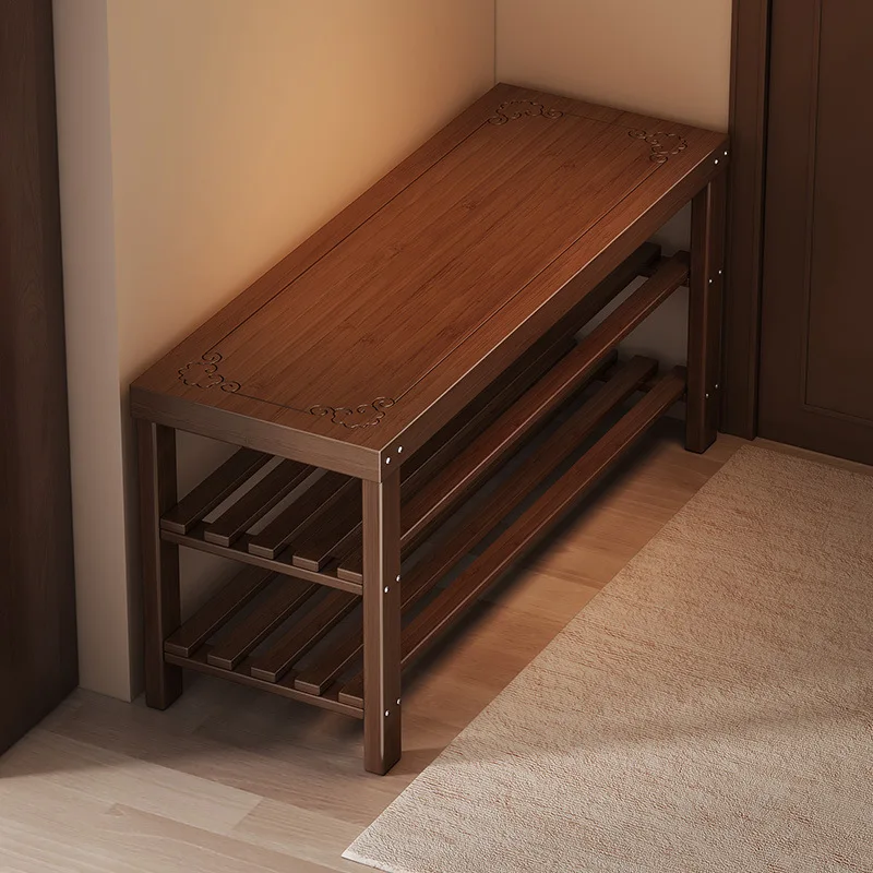 

Carved bamboo shoe changing stool, multi-layer retro shoe cabinet, long wooden shoe cabinet, home doorstep shoe wearing stool