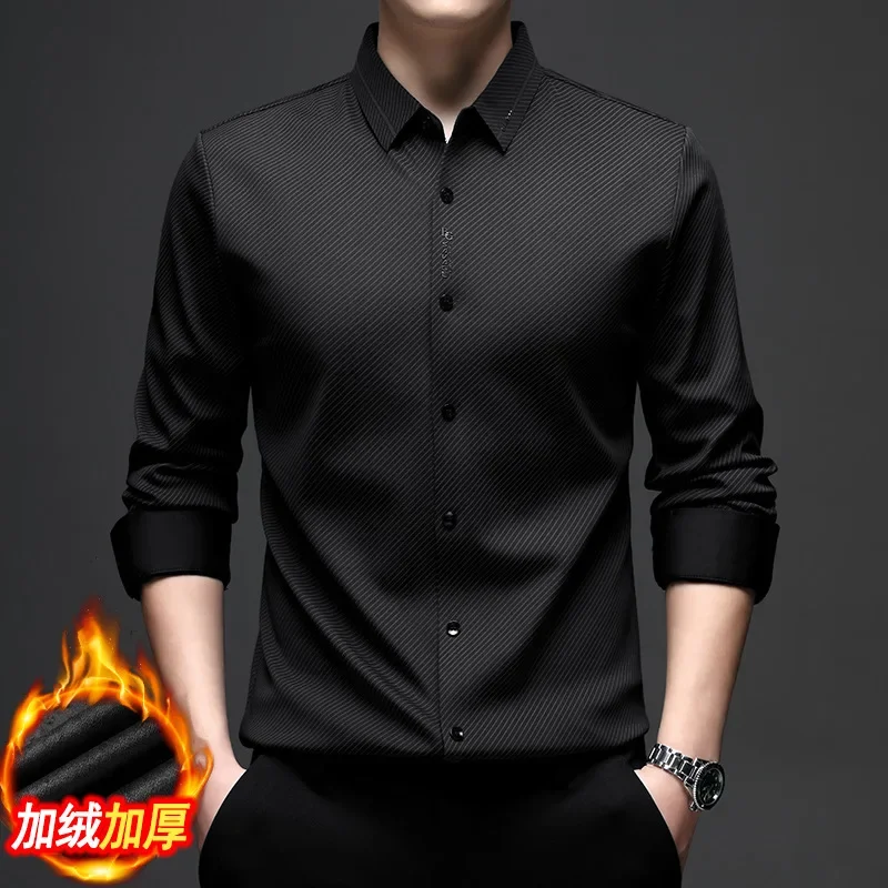 LIBIELIY Men's High-quality Autumn And Winter Striped Rhinestone Seamless Plus Velvet Long Sleeved Youth Business Shirt