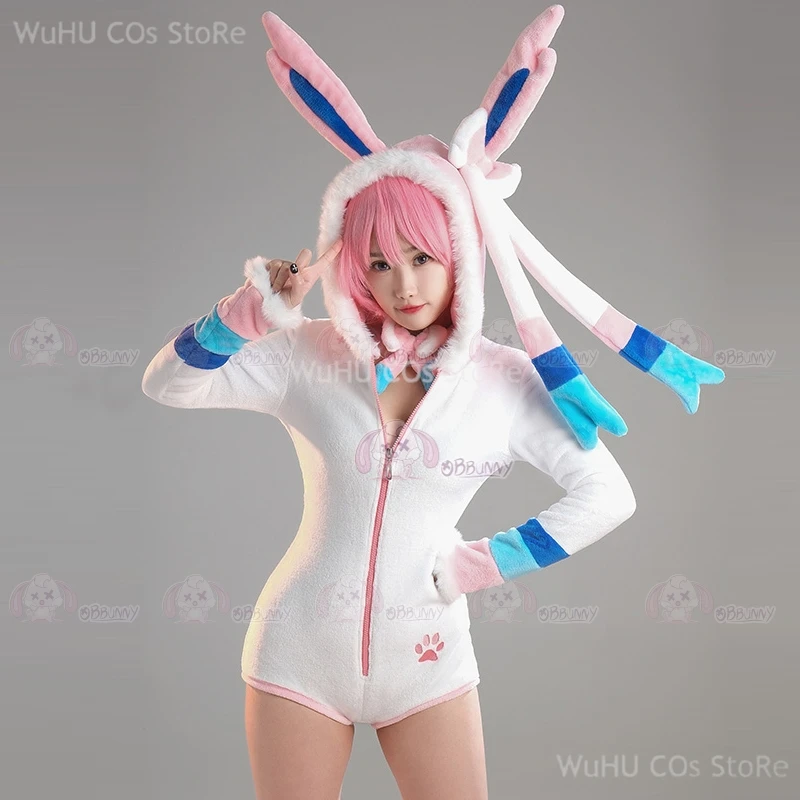

Derivative Sexy Fluffy Hooded Bodysuit Deep V Kawaii One Piece Romper with Choker and Socks Cosplay Costume