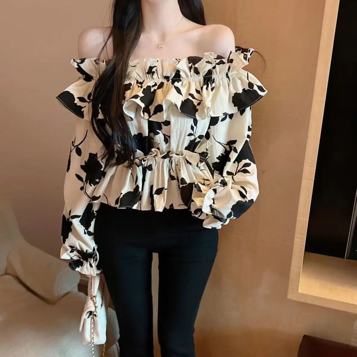 Blouses Women New Arrival Spring French Style Slash Neck Ruffles Floral All-match Ladies Sexy Sweet Ins College Skinny Clothing