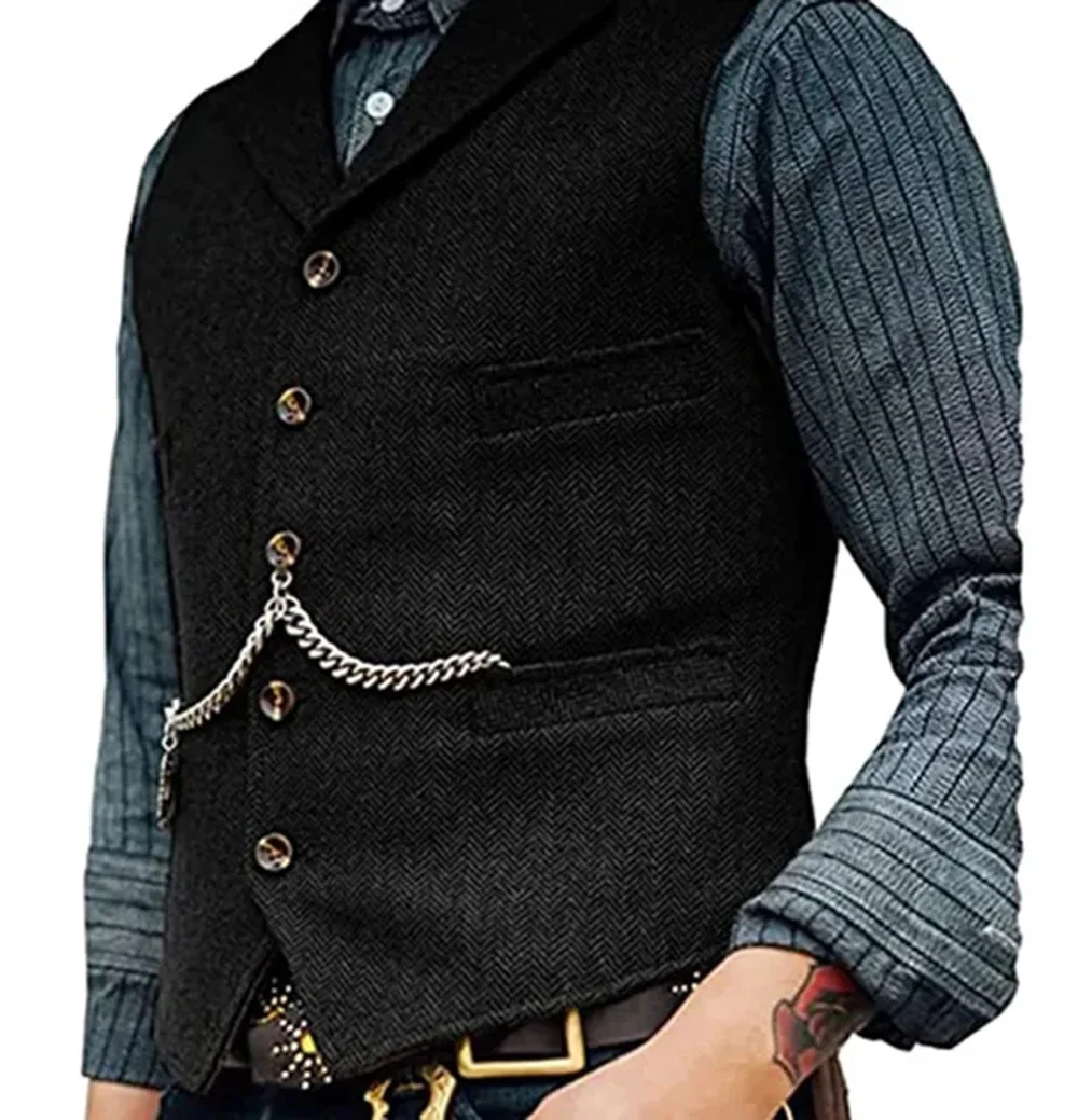 Men\'s Suit Vest Brown Wedding Wool Tweed Business Waistcoat Jacket Casual Slim Fit Gilet Homme Vests For Groosmen Man Wedding