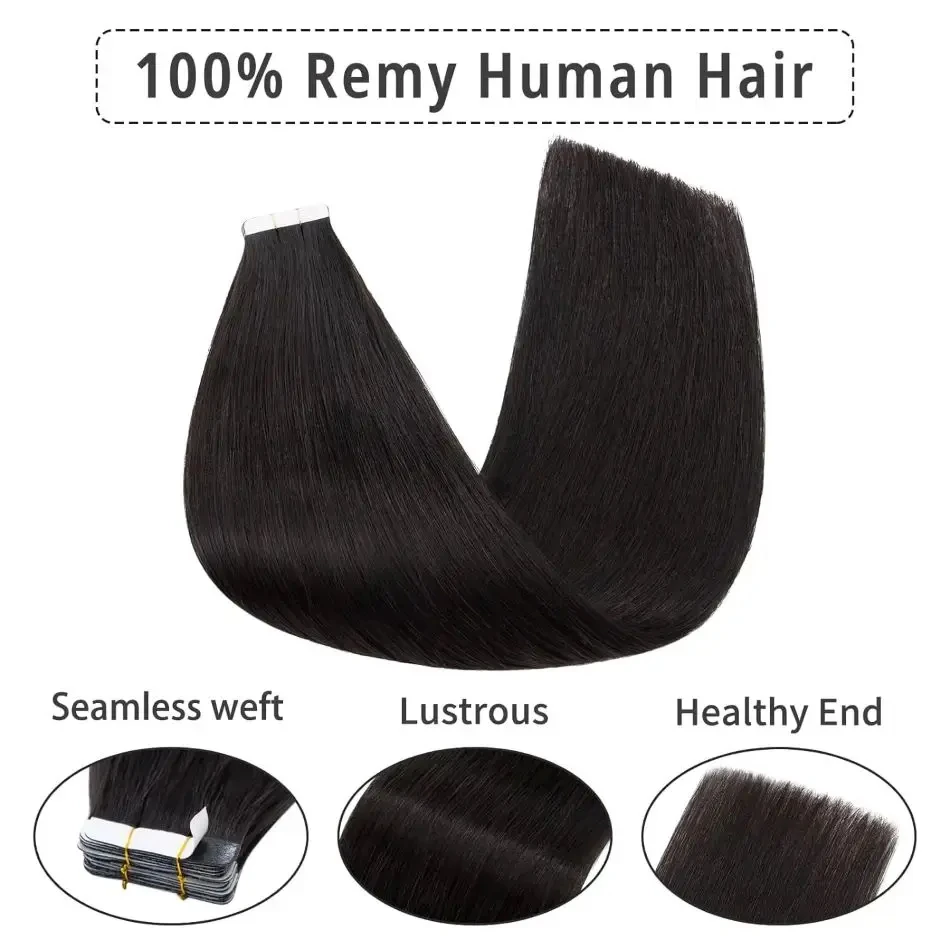 Tape In Hair Extensions Straight 100% Human Hair Real Natural Hair #1B Natural Black Brazilian Hair 20 Pcs Per Pack #1 Jet Black