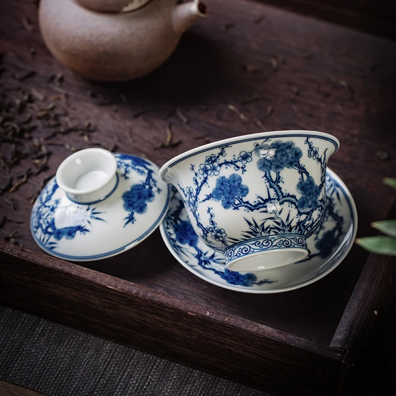 

Jingdezhen Chinese Ceramics Handmade Blue And White Bamboo Plum Tea Bowl Zhongjiayao Porcelain Kung Fu Tea Set Bowl With Lid