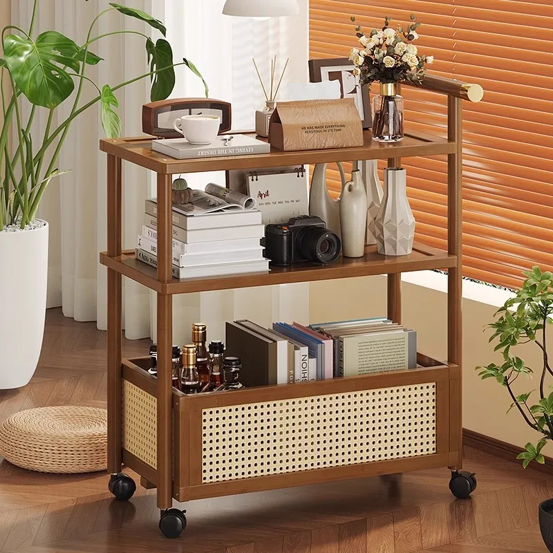 Small Trolley Living Room Storage Rack Floor-standing Movable with Wheels Snack Storage Rack Simple Bamboo Wood Storage Shelf