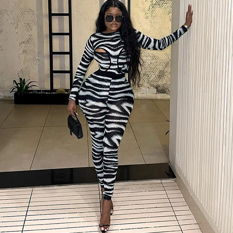 

Doyerl Zebra комплекты из 2 предметов для женской клубной одежды Rave Festival наряды сетчатый ажурный боди с длинными рукавами топ и леггинсы комплект