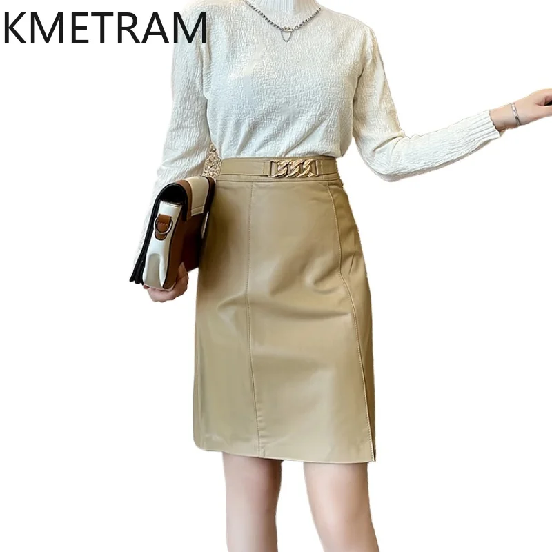 KMETRAM 100% Top Layer Sheepskin Skirts for Women Genuine Leather High Waisted Skirt Woman Fall Clothes 2025 Faldas Para Mujeres