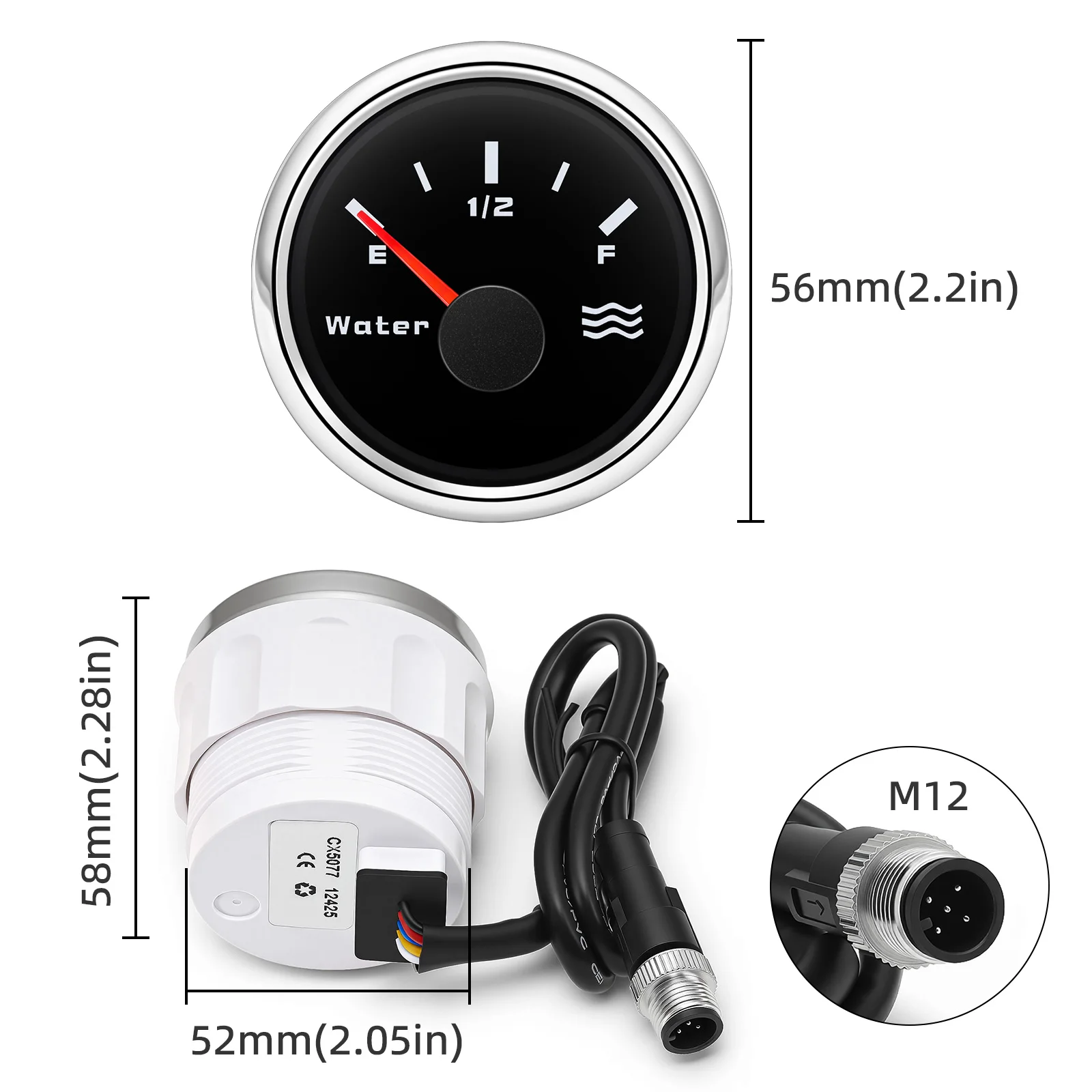 Waterproof NMEA2000 Boat 52MM Water Level Gauge with M12 Plug Red Light for PORT,STBD for Left Right Engine Yacht Vessel 12V24V