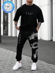 Men's Summer Suit Street Personality Men Slogan Graphic T-shirt Dragon Print Short Sleeve Drawstring Waist Pants Men's Clothing