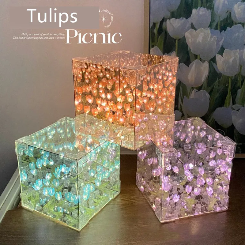 Diy Tulip Flower Sea Material Package 20/30flower Handmade Creative Operated Birthday Blue Light Night Lamps Gift Led Mirror Fo