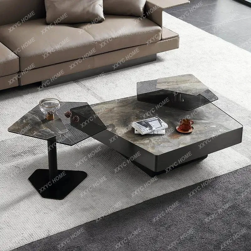 minimalist special-shaped rock slab coffee table, living room, high-end rotating irregular natural marble coffee table