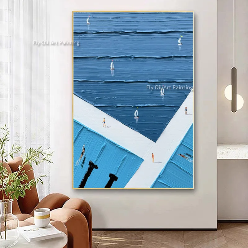 Green Golf Course People Playing Golf Texture Thick Canvas Oil Painting Handpainted Blue White Abstract Wall Art Decor For Room