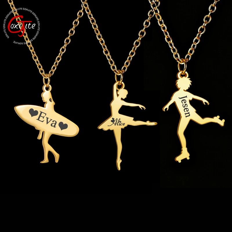 Goxijite Custom Engraved Name Text Sports Series Pendant Stainless Steel Personalized Logo Necklace For Men Women Jewelry Gift