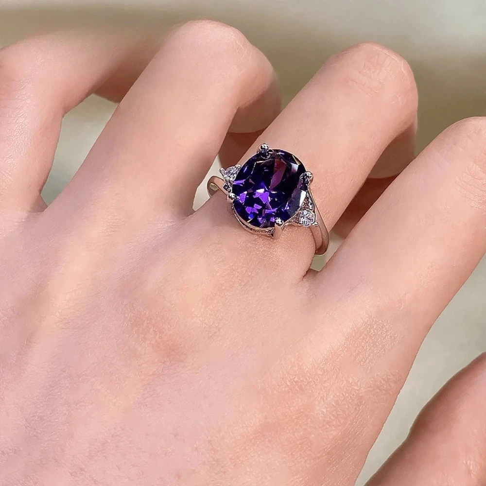 Luxury 925 Sterling Silver High-End Oval Amethyst Gold-plated Platinum Gemstone Finger Ring