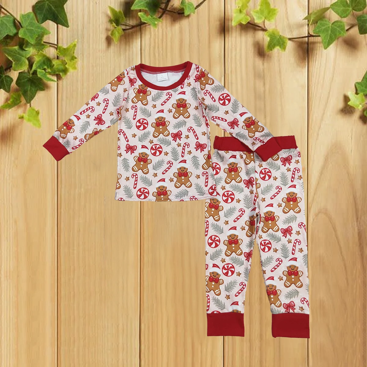 

9.15 Christmas Gingerbread Man Candy Cane Long Sleeve Long Pants Sleepwear Children's Set Cosy Holiday Pajamas for Kids
