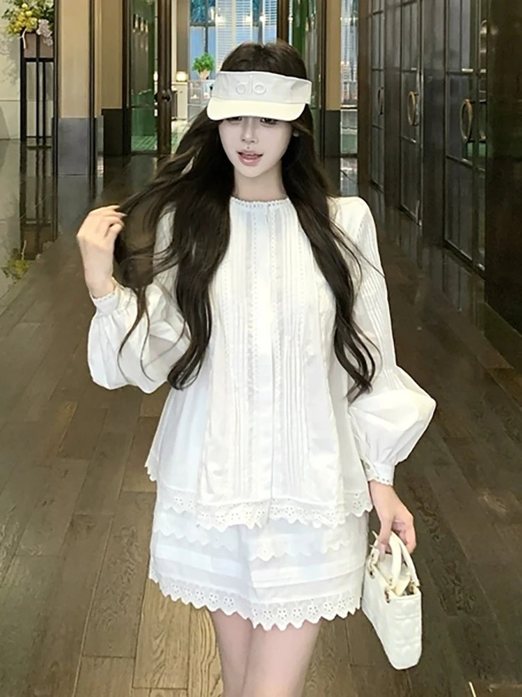 RORORIRI Camicia a punto con finiture in pizzo Gonna Donna Set da 2 pezzi Camicetta a maniche lunghe a pieghe Top Minigonna a trapezio Abiti coreani per le vacanze