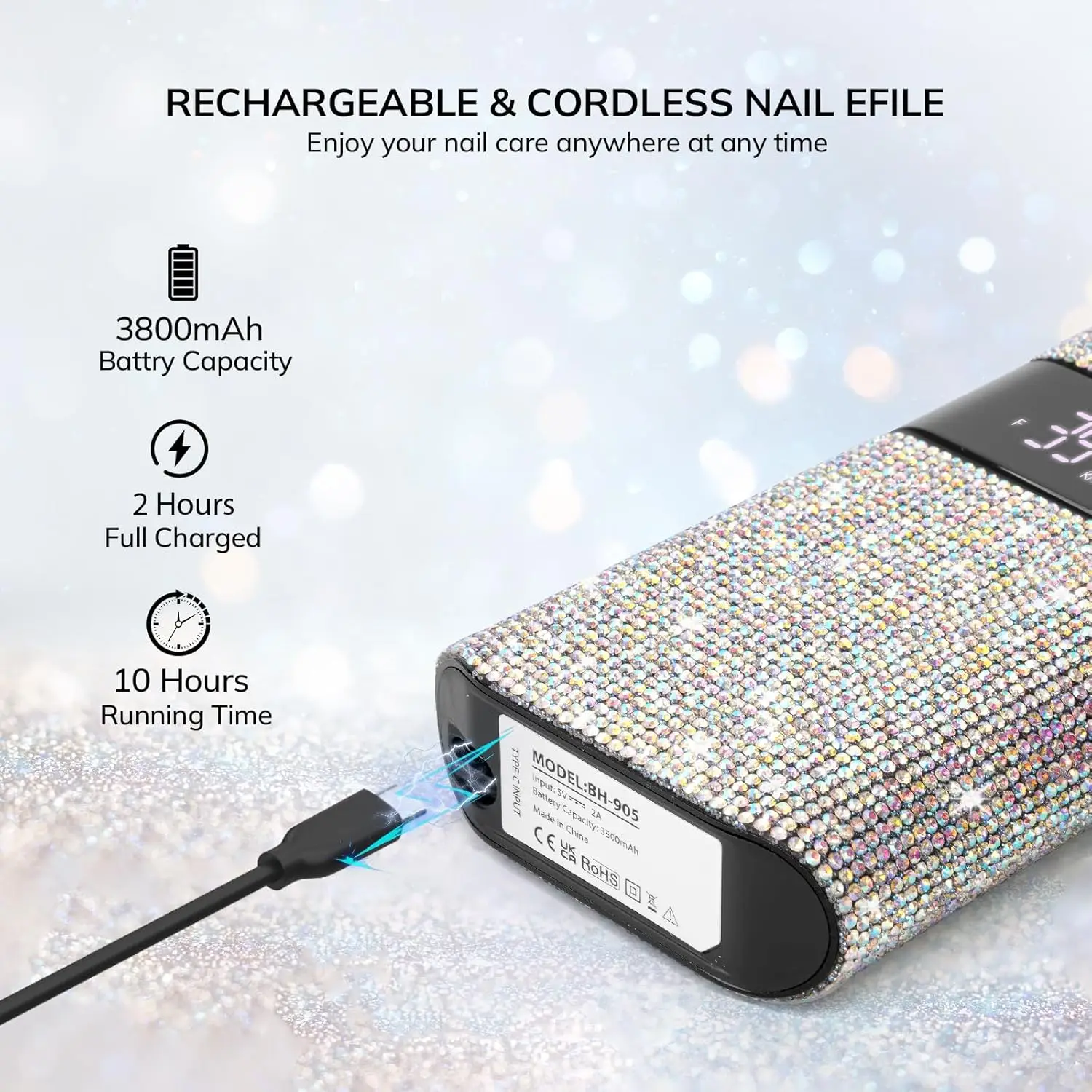 ماكينة حفر أظافر لاسلكية قابلة لإعادة الشحن، مبرد أظافر كهربائي 35000 دورة في الدقيقة مع محرك بدون قلب لأظافر الأكريليك والمانيكير