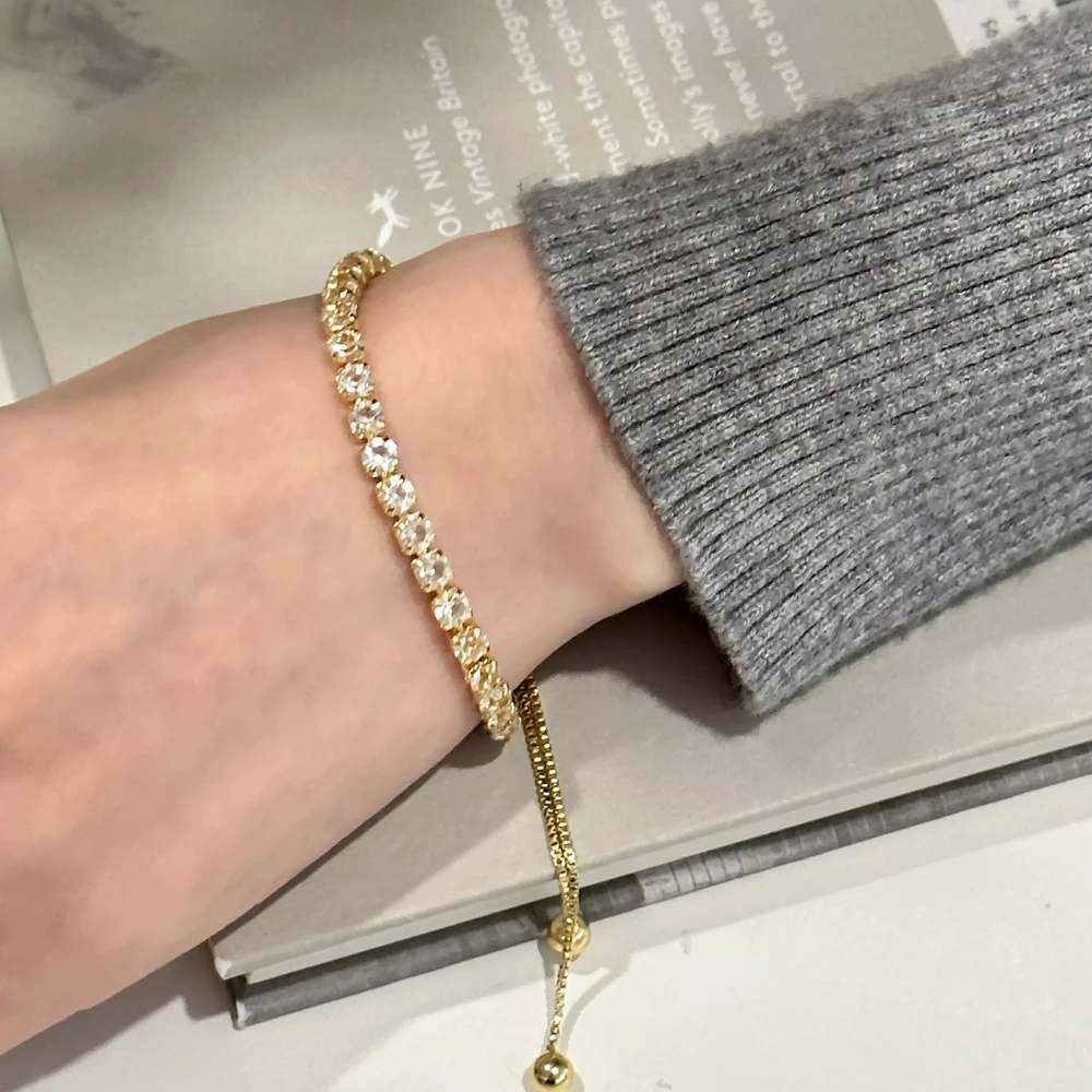 Yupsk Sliver Gold Color Round Zirconia Inlaid Tennis Bracelet for Women Simple Fashion Adjustable Chain Bracelet Accessories