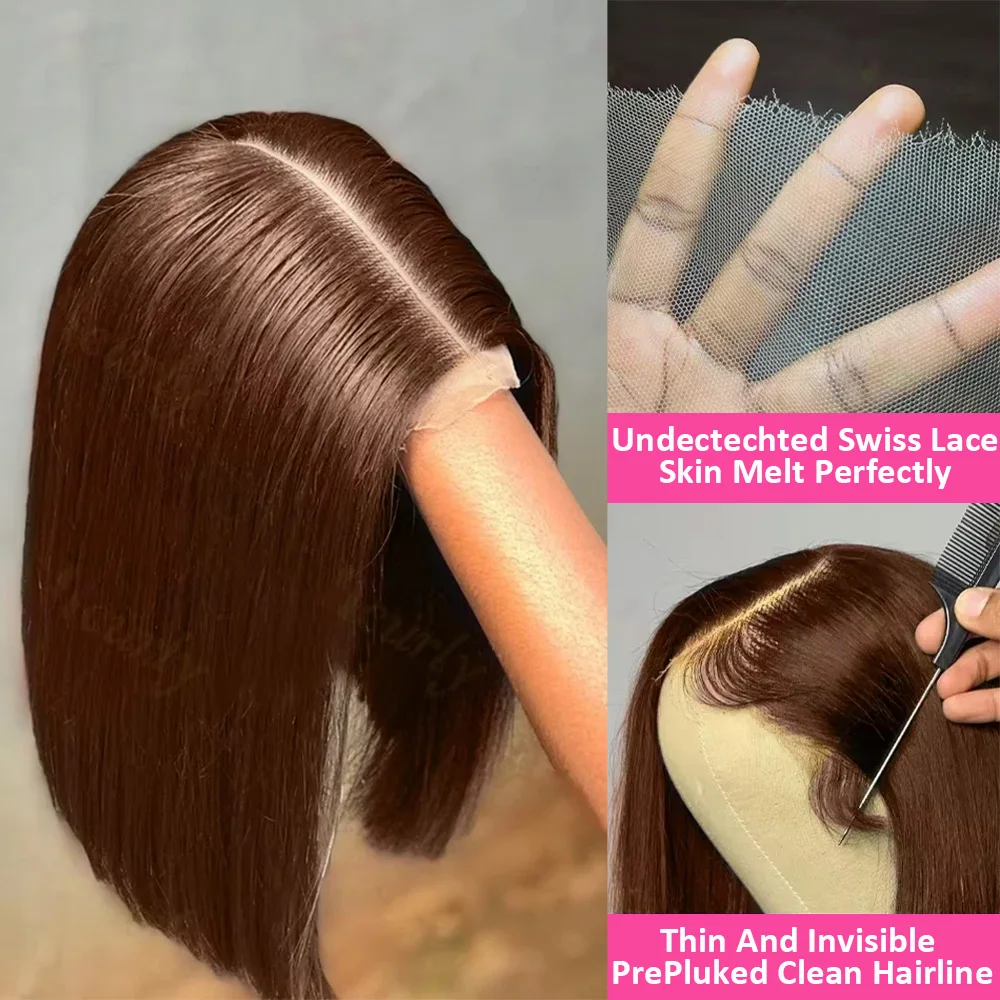 #4 Brown Chocolate Color 200% Straight Lace Frontal Wig Human Hair Vietnamese 13x4 Bob Lace Front Human Hair Wigs 4x4 HD Closure image 3