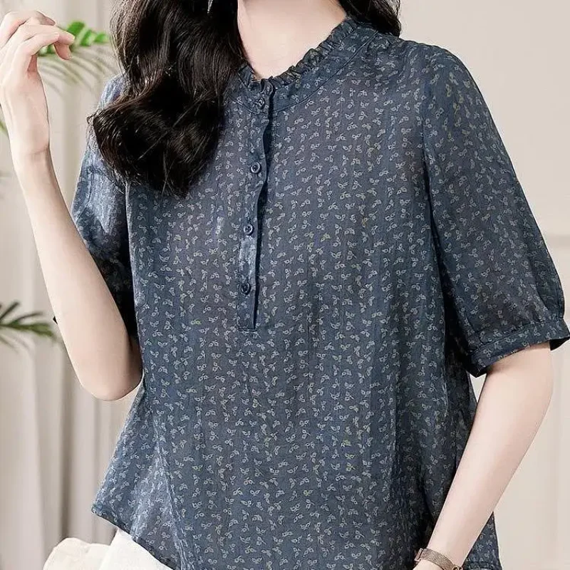 Five Sleeve All Match Retro Shirt for Women's Summer Women's Wear Middle-aged Slimming Floral Elegant Small Shirt Top