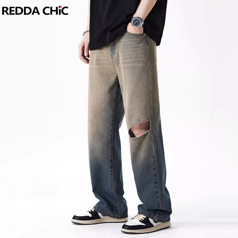 

REDDACHIC Ombre Cut-out Baggy Jeans for Men Retro Y2k Brushed Blue Gradient Wide Leg Denim Pants Casual Hiphop Korean Streetwear