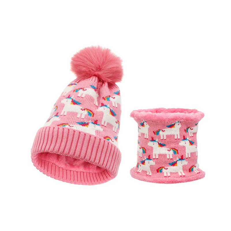 European Winter Knitted Baby Hat Scarf Set Cartoon Unicorn Beanies Girls Warm Pompom Cap Windproof Gorras Kids Crochet Bonnet