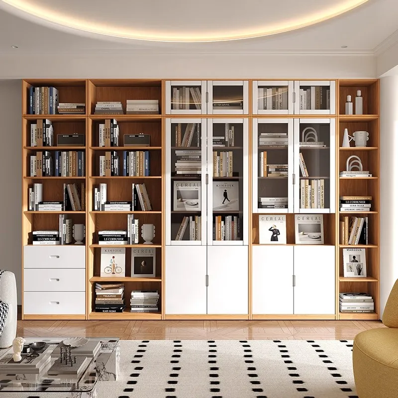 Oak solid wood bookcase bookshelf integrated to the top, living room full wall combination storage display