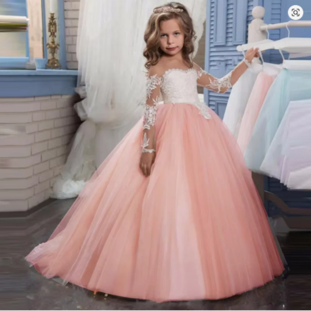 Robe à fleurs rose clair personnalisée pour filles, avec appliques blanches, manches longues, pour mariage, fête d'anniversaire et Communion