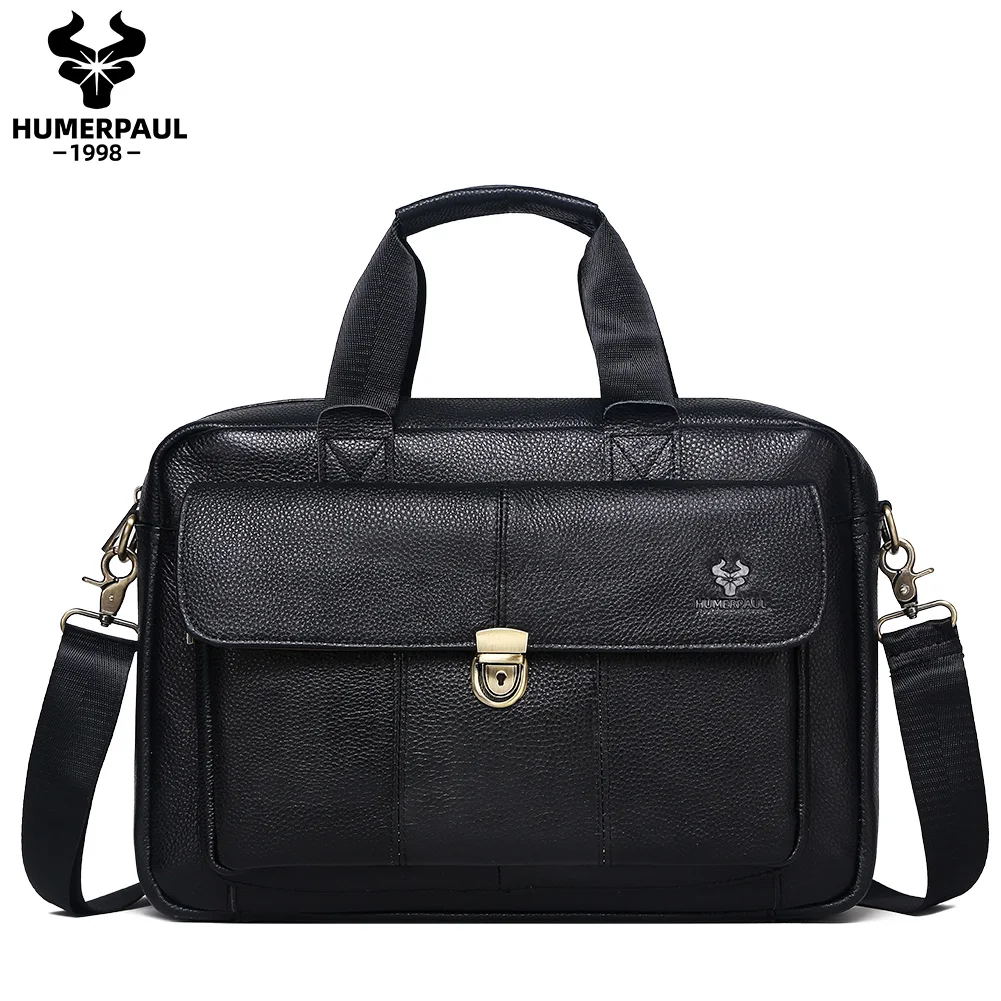 HUMERPAUL Tas Kantor Pria Bisnis Tas Kantor untuk Dokumen Tas Tangan Laptop Kulit Asli Bolsas Messenger Perjalanan Mewah