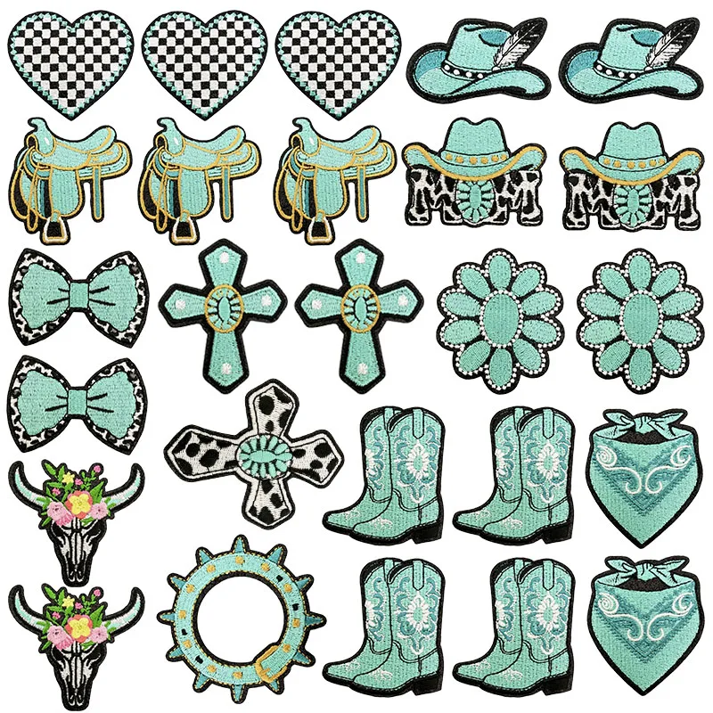 10 pcs/lot Turquoise Cowboy Patch Western Cowgirl Embroidery Patch Iron On Patches For Clothing Stickers Sewing/Fusible Badges