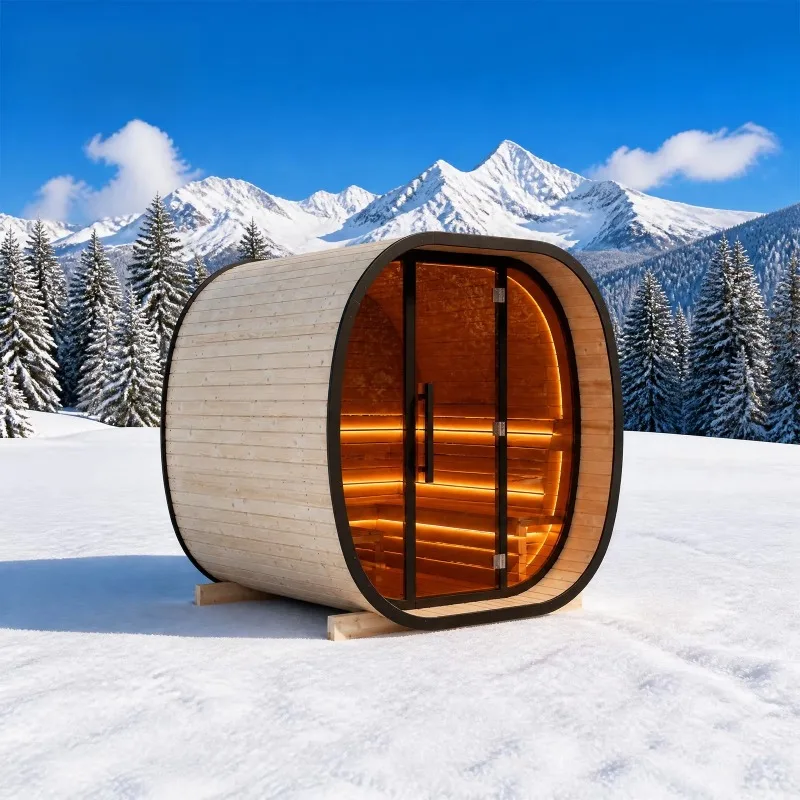 Premium Scenic Maple Sauna, Custom Horizontal Timber Body Featuring LED Interior Glow and Support Skids for Garden Stone Deck