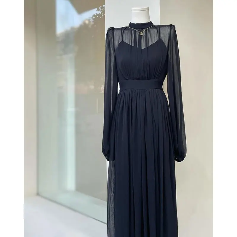 2023 Spring French Elegant  Black Dress Women Fashion Retro Long Sleeve Dresses Temperament Chiffon Office Lady Sundress Vestido