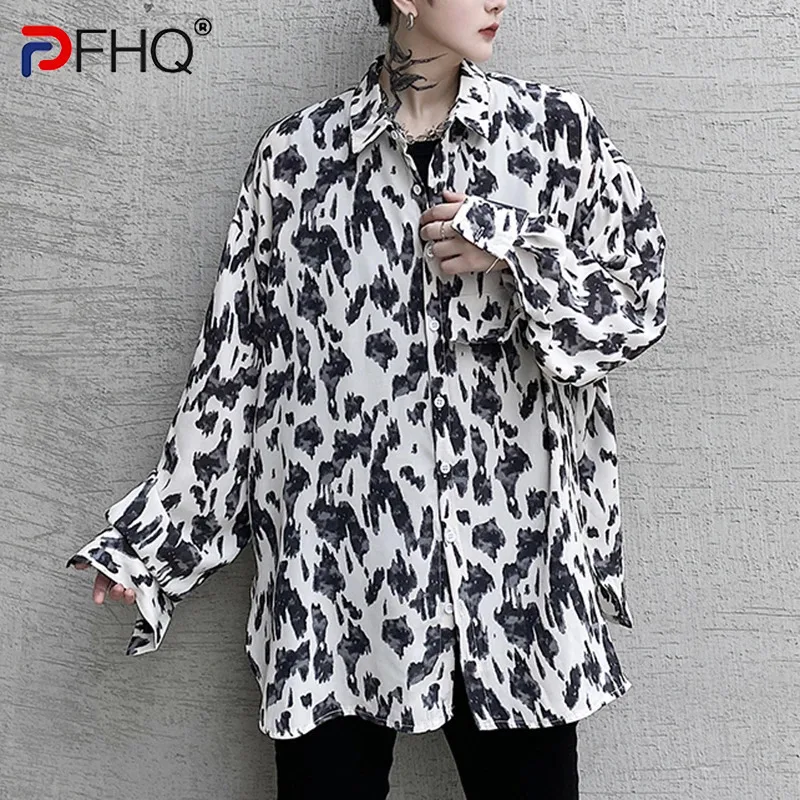 PFHQ Loose Long Sleeved Shirts Men's Personalized Trend Print Pattern Advanced Temperament Leisure Male Tops Summer New 21Z4201