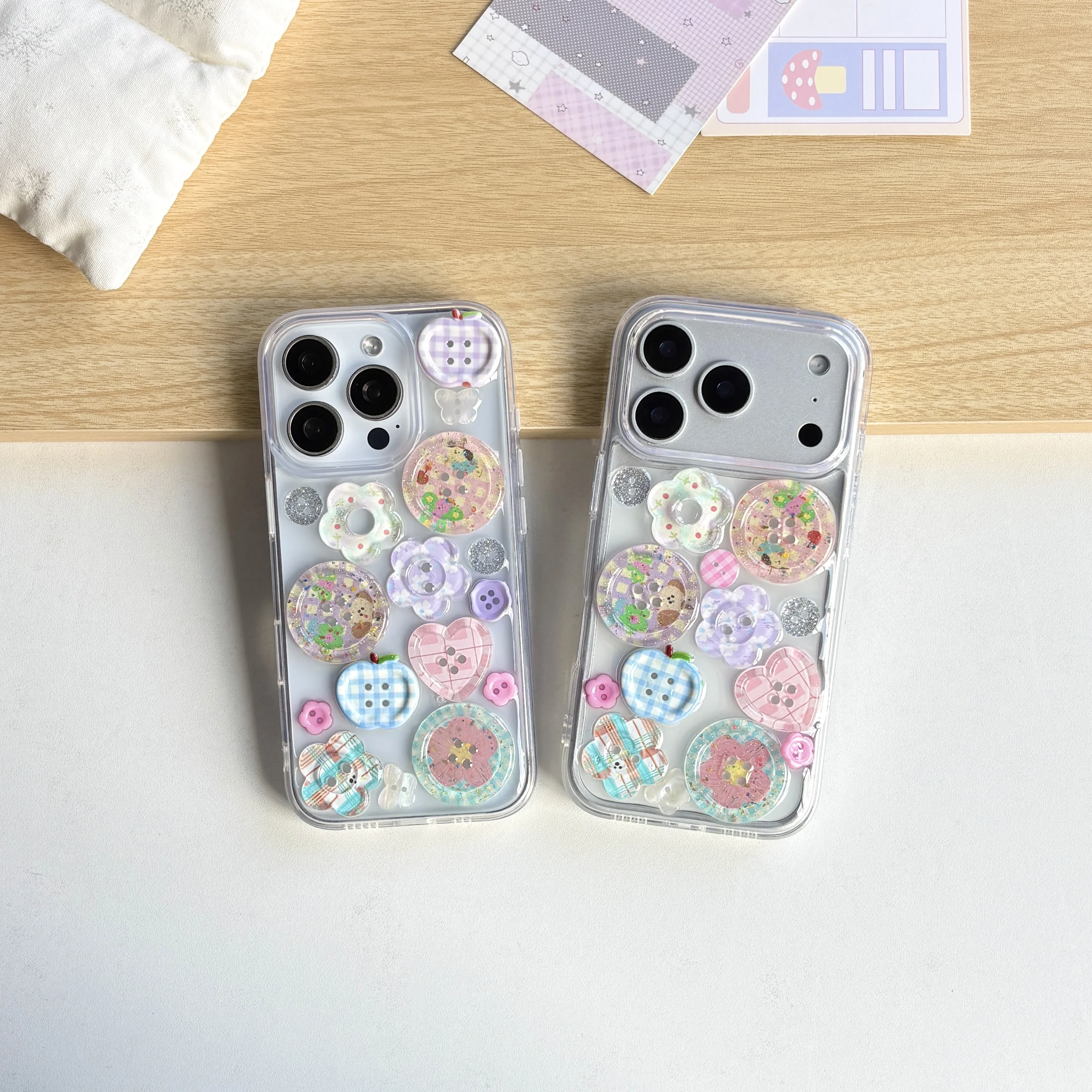 Colorful Check Flower Stereoscopic Button Epoxy Transparent Protective Cover Case For iPhone 17 16 15 14 13 Pro Max