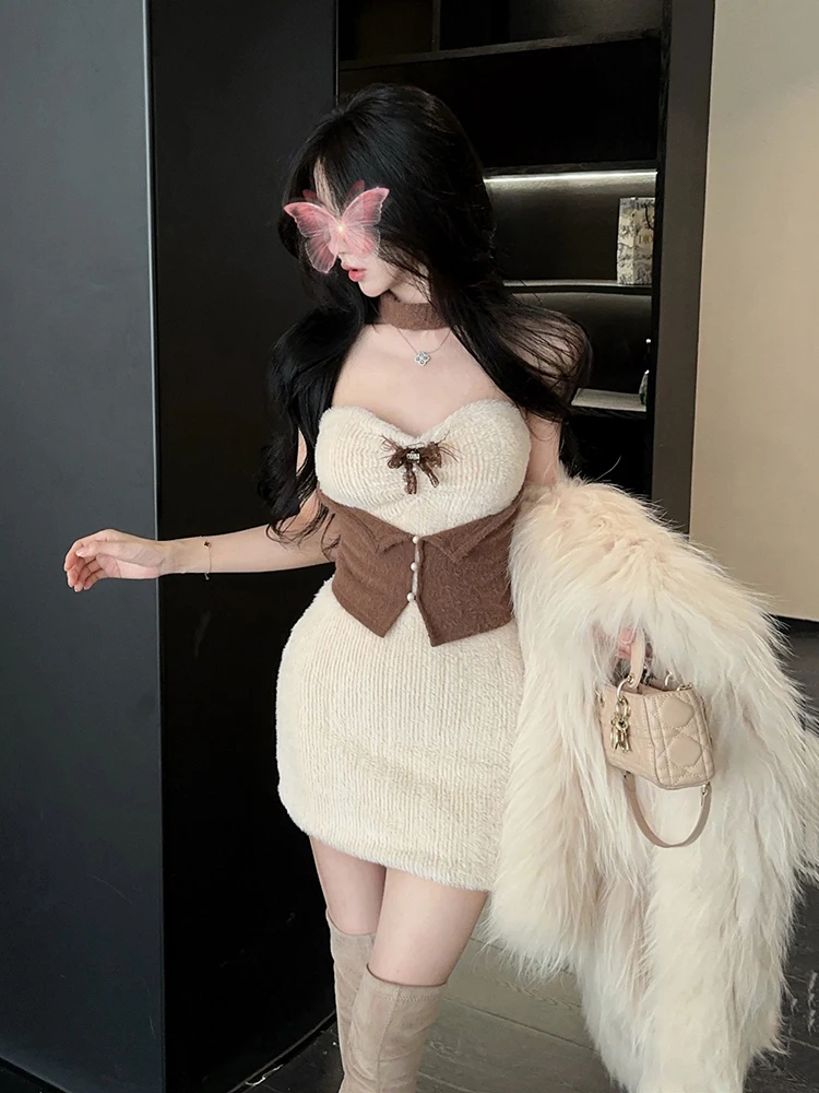 REDDACHiC خمر التباين فستان منسوج مع المختنق فروي القوس بروش مشد Bodycon فستان أنبوبي صغير Cutecore الشتاء ملابس حريمي #6