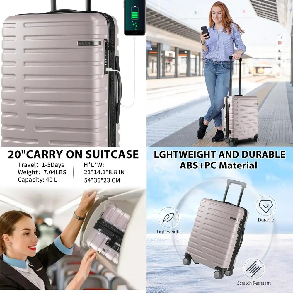 Expandable 20-Inch Hard Shell Carry-On Suitcase with Spinner Wheels, TSA Lock, and Light Purple Finish