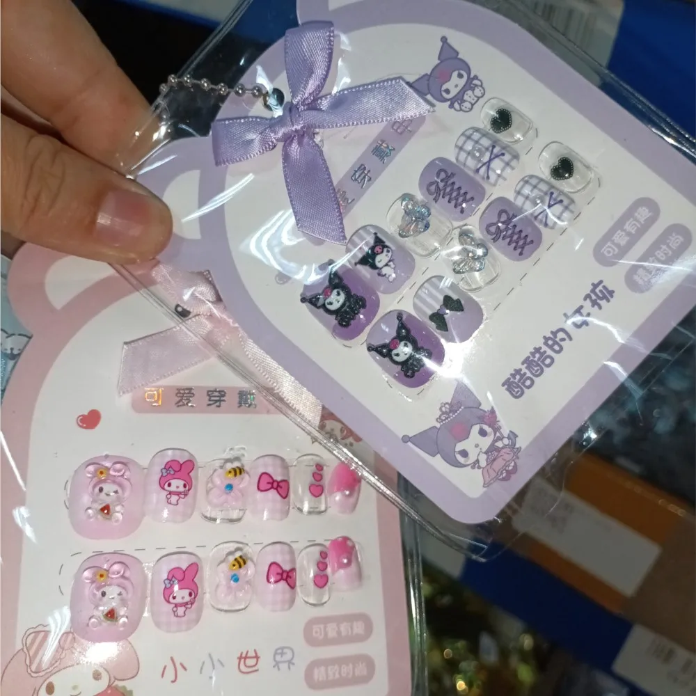 12Pcs Pink Purple Sanrio Kuromi Melody Kids False Nails Cute Cartoon Short Square Press On Nails Handmade Finish Girls Fake Nail