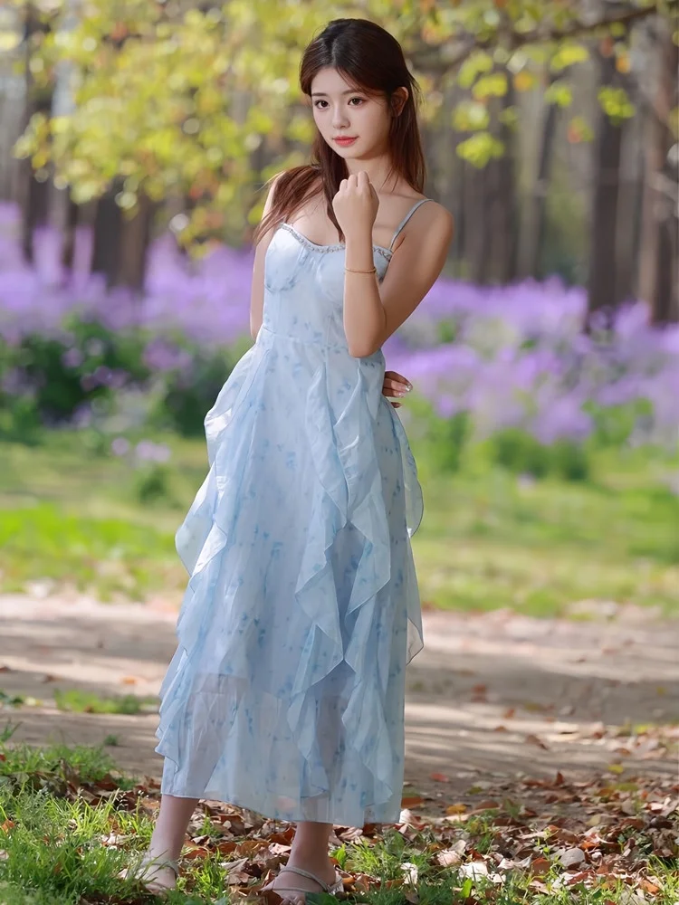 

Потрясающее красивое летнее платье для девочки на день рождения, длинное платье на бретельках, милое, с завышенной талией, украшенное стразами, А-силуэт, повседневная одежда