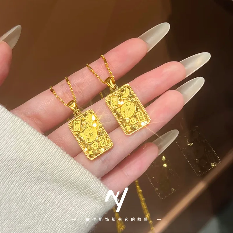 A 24k gold necklace sparkles with a dazzling, shimmering effect. This 999 pure gold Fortune Cat pendant necklace is designed for